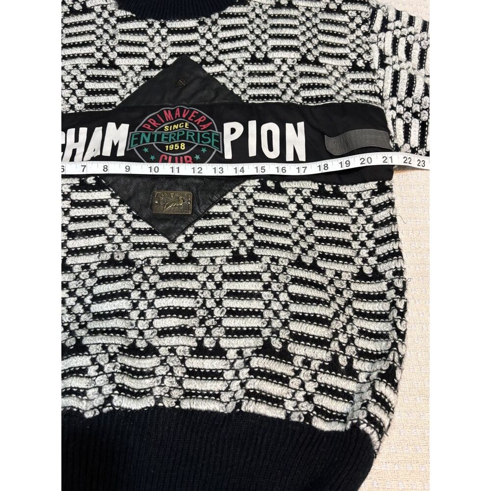 Vintage 90s 3D Knit Sweater Mens M Black White Geometric Champion Patch Grandpa - Picture 6 of 9